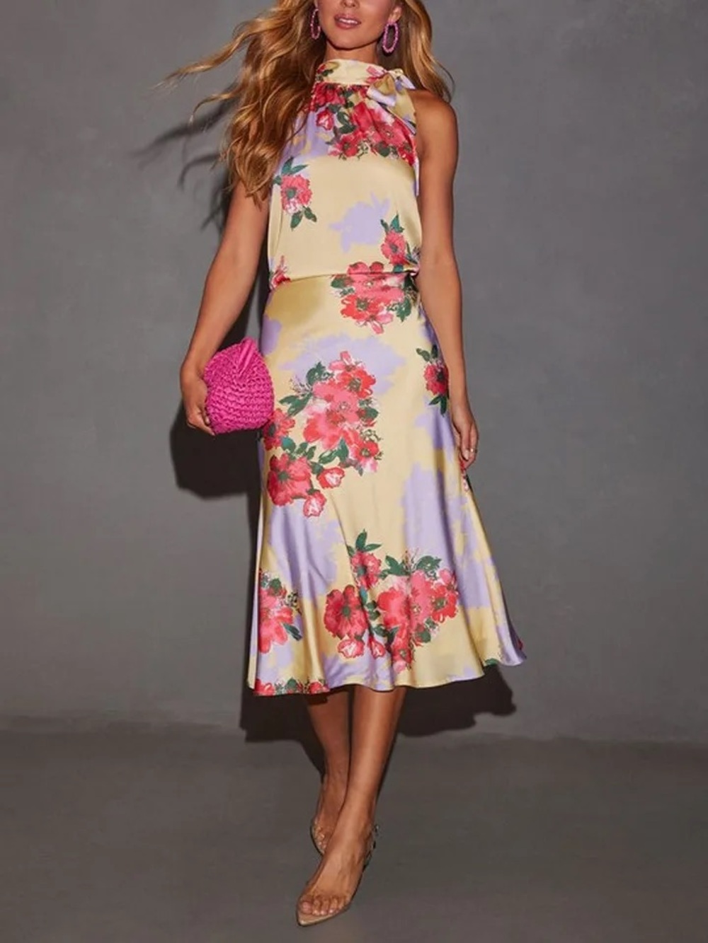 Dee Elly Floral Tie-Neck Satin Midi Halter & Skirt in Yellow & Lavender Medium